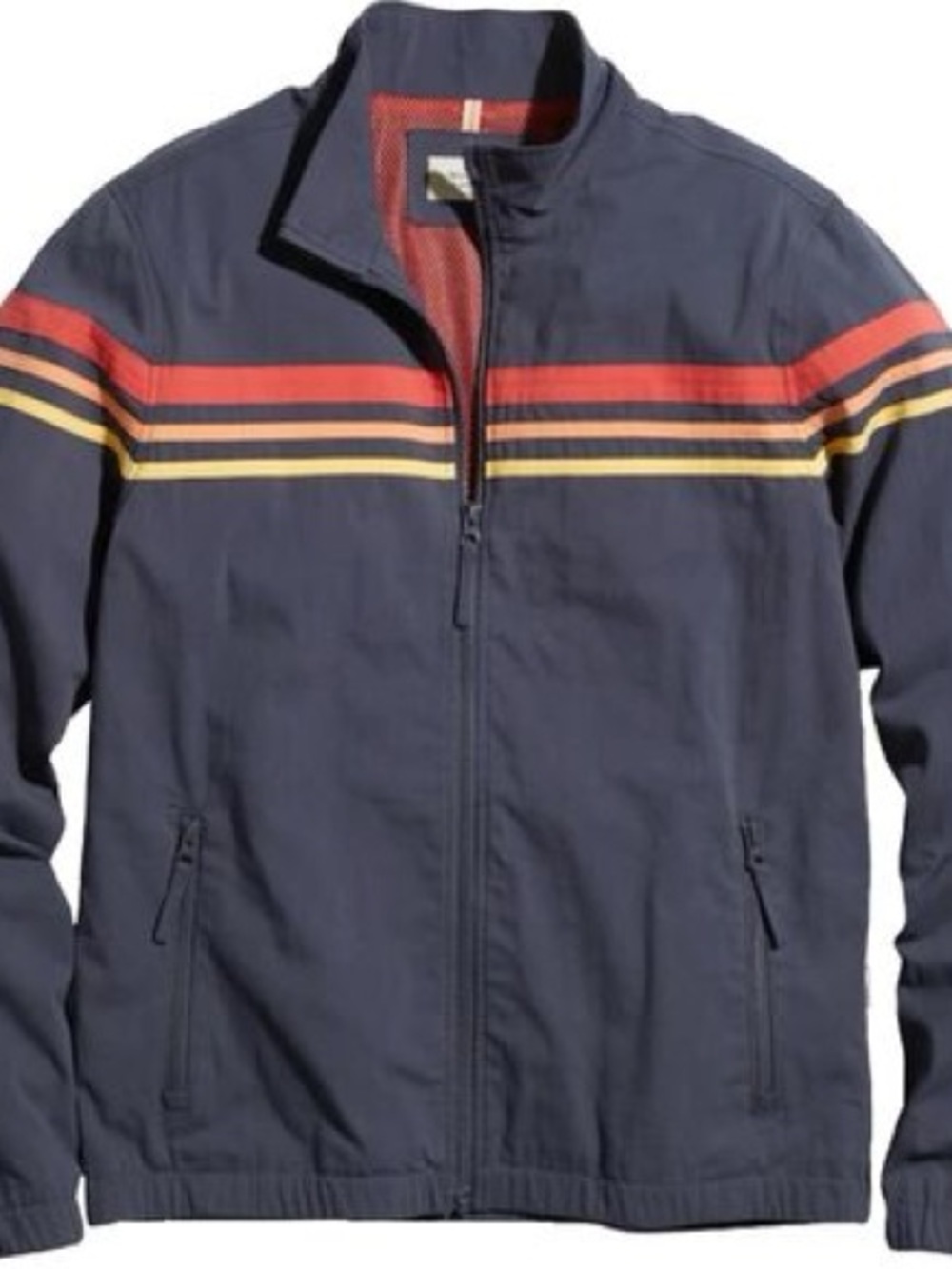 Marine Layer Navy Windbreaker with Red and Yellow Chest Stripes